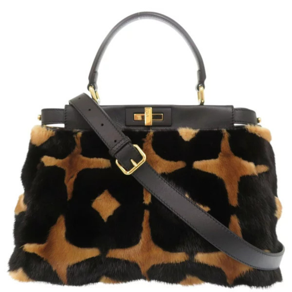 Fendi Peekaboo Mink Leather Black Brown 2way Shoulder Bag
